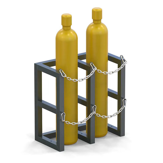 Gas cylinder rack R2X1 holding two compressed gas bottles secured with steel chains