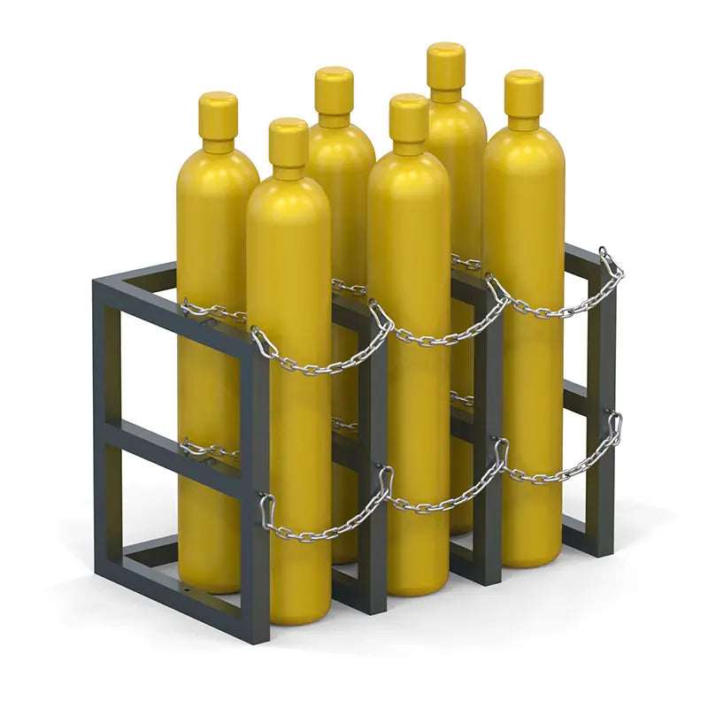 Gas cylinder rack R3X2 holding six compressed gas cylinders secured with welded chains