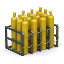 Load image into Gallery viewer, Gas cylinder rack R4X3 filled with twelve compressed gas bottles, OSHA and NFPA compliant