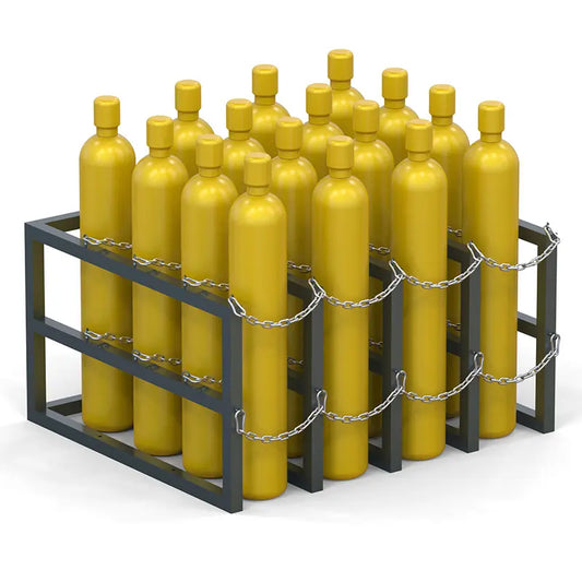 Gas cylinder rack R4X4 loaded with sixteen compressed gas cylinders