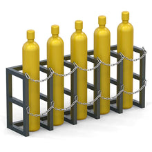 Load image into Gallery viewer, Gas cylinder rack R5X1 holding five compressed gas cylinders secured with metal chains
