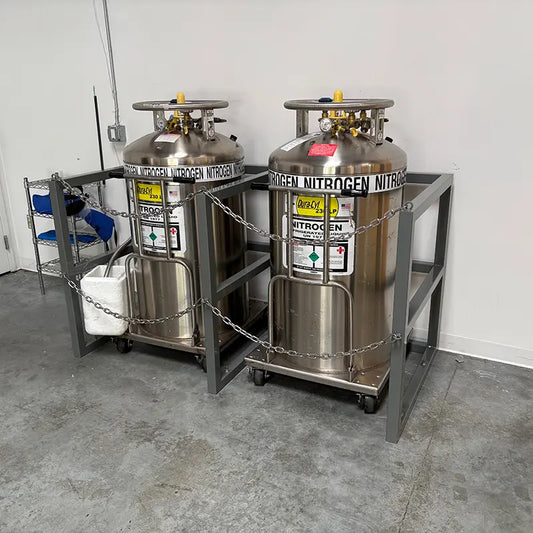 R2X33 liquid gas cylinder rack installed in a lab or workshop securing two cryogenic tanks - customer photo