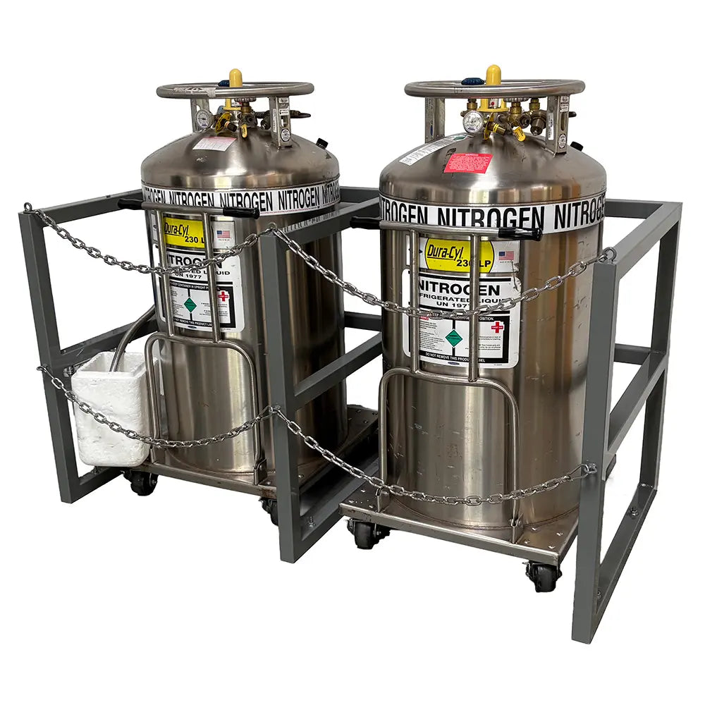 Structural steel liquid gas cylinder rack designed for cryogenic dewars, featuring welded tubing frame, dual-cylinder configuration, and chain-secured restraint system