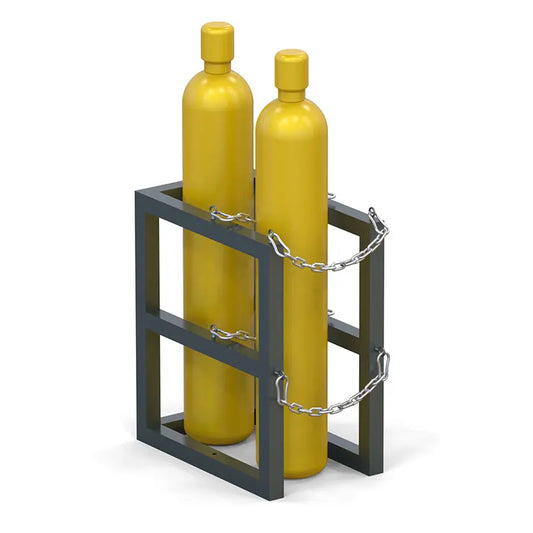 Gas cylinder rack R1X2 holding two compressed gas bottles with straps and chain restraints