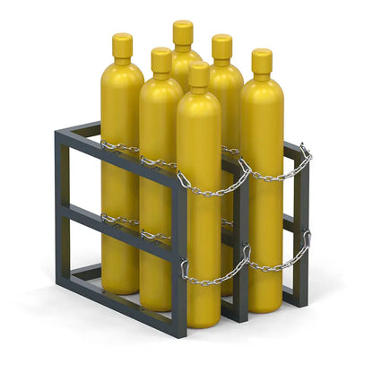 Gas cylinder rack R2X3 loaded with six compressed gas bottles, OSHA compliant