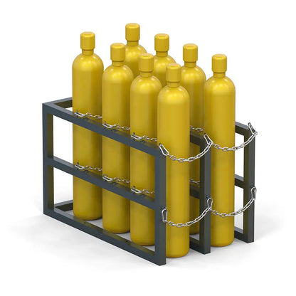 Gas cylinder rack R2X4 holding eight compressed gas bottles secured by steel chains
