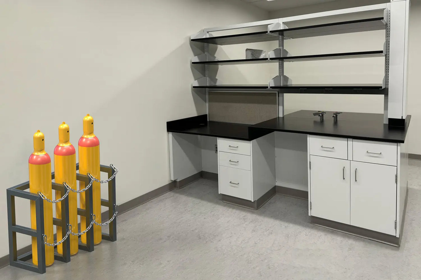 laboratory with lab benches, cabinets, tables and gas cylinder racks