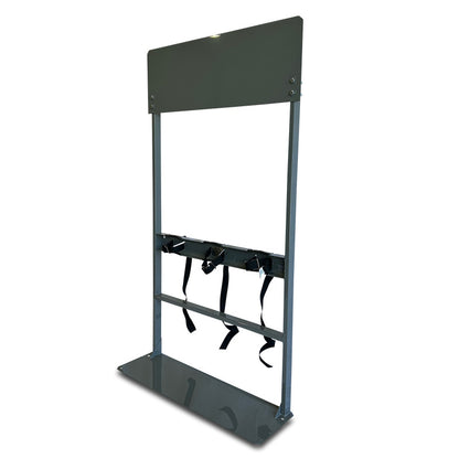 Steel process station gas cylinder rack with elevated control mounting panel and triple restraint straps