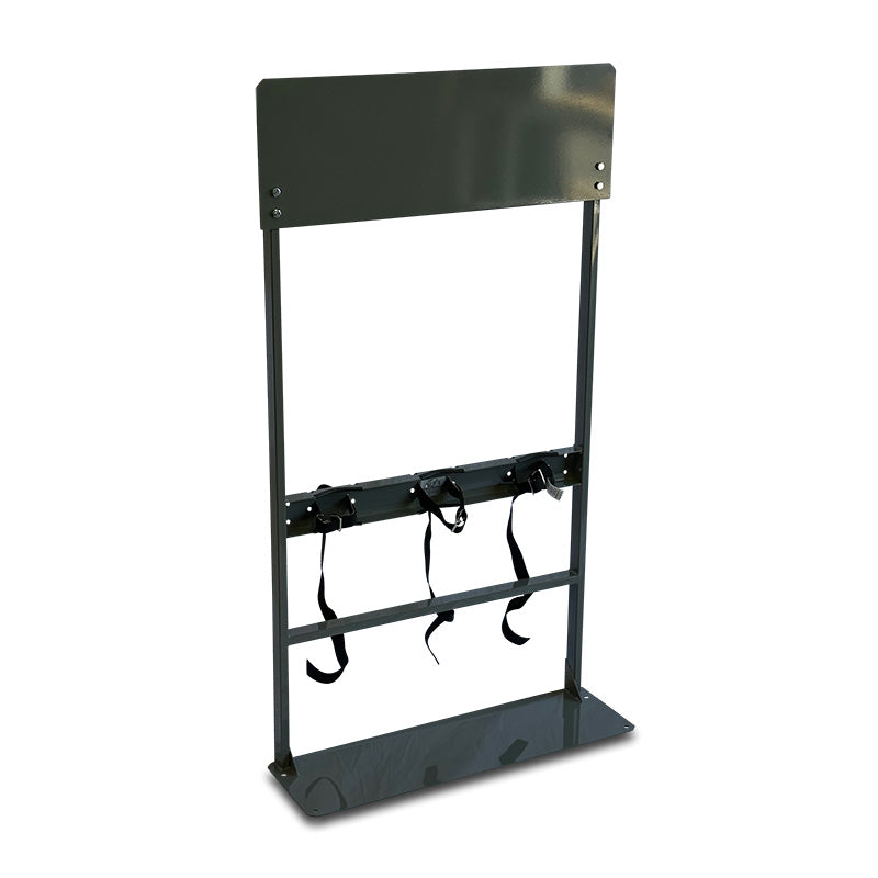 Steel process station gas cylinder rack with elevated control mounting panel and triple restraint straps