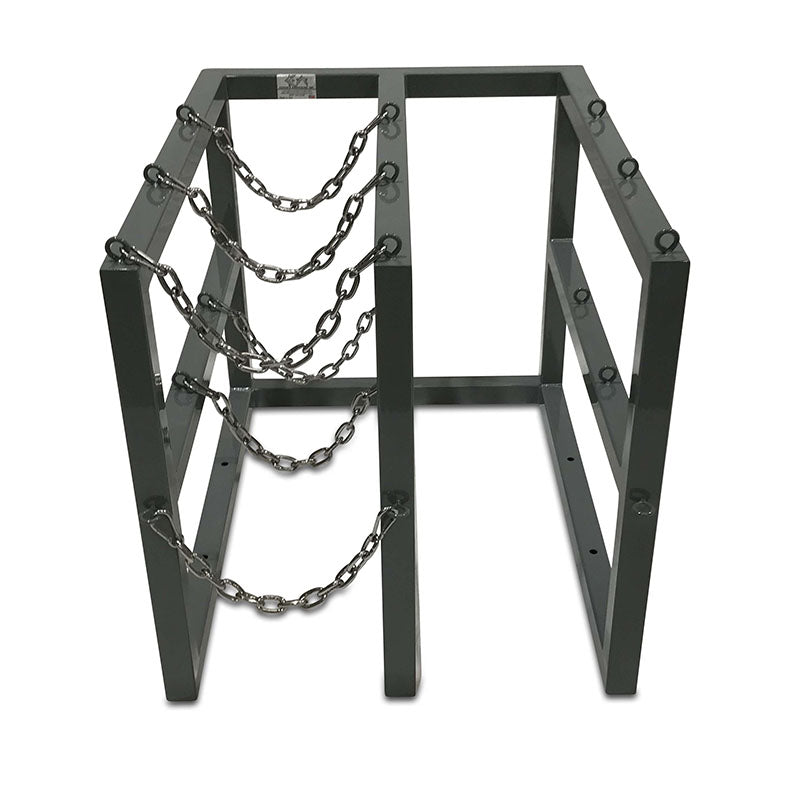 R2X3 floor-mounted gas cylinder rack shown with chains on one side - front view