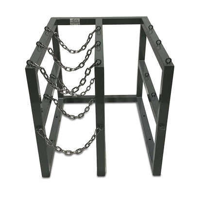 R2X3 floor-mounted gas cylinder rack shown with chains on one side - front view